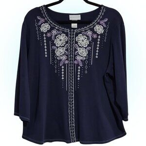 EMBROIDERED FLOWERS ALFRED DUNNER WOMEN'S BLOUSE EUC XL